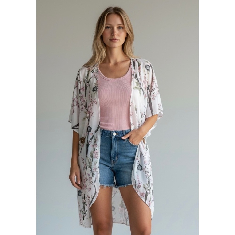 Cherry Blossom Floral Kimono Wrap White Pink Plus Size 2XL Cardigan
